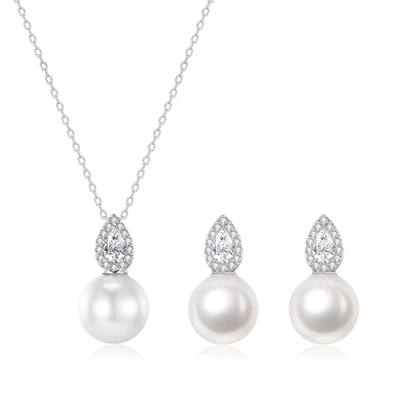 LUOTEEMI Cute Korean Fashion Women Tear Drop Zircon Stone Glass White Pearl Jewelry Sets for Girls Daily Wear Jewellery