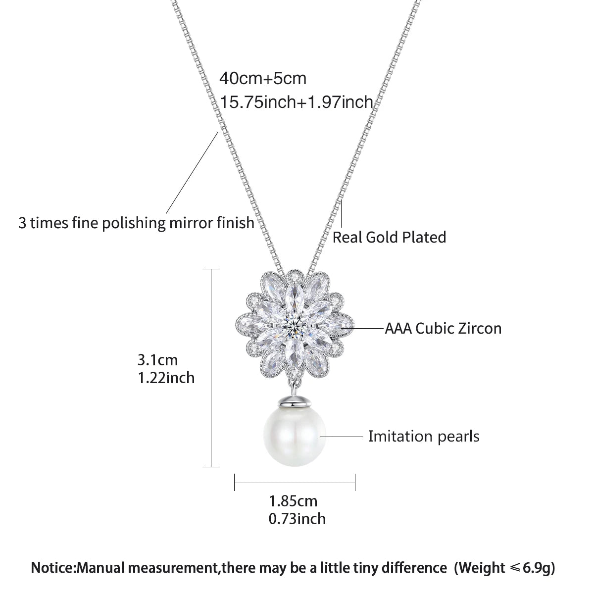 LUOTEEMI Stock Wholesale Fashion a AA Zircon Flower With Pearl Drop Pendant White Gold Chain Necklace for Women