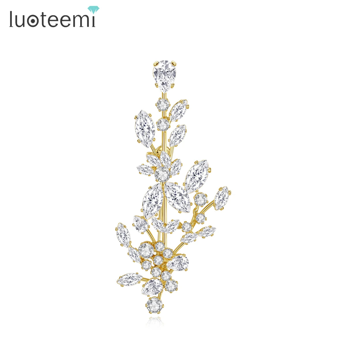 LUOTEEMI New Trendy Brass Parts Clear Zircon Jewelry Leaf Shape Women Brooch Pin Luxury Suits Matching Brooches