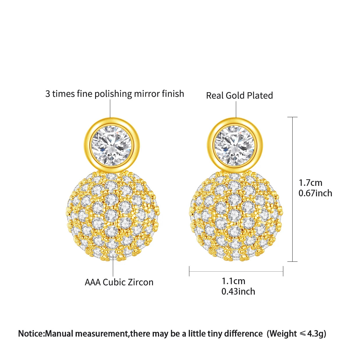 LUOTEEMI Tiny CZ Paved Clear Zircon Beaded Elegant Earrings Stud for Girls Classic Design Women Ball Korean Trendy Stud Earings