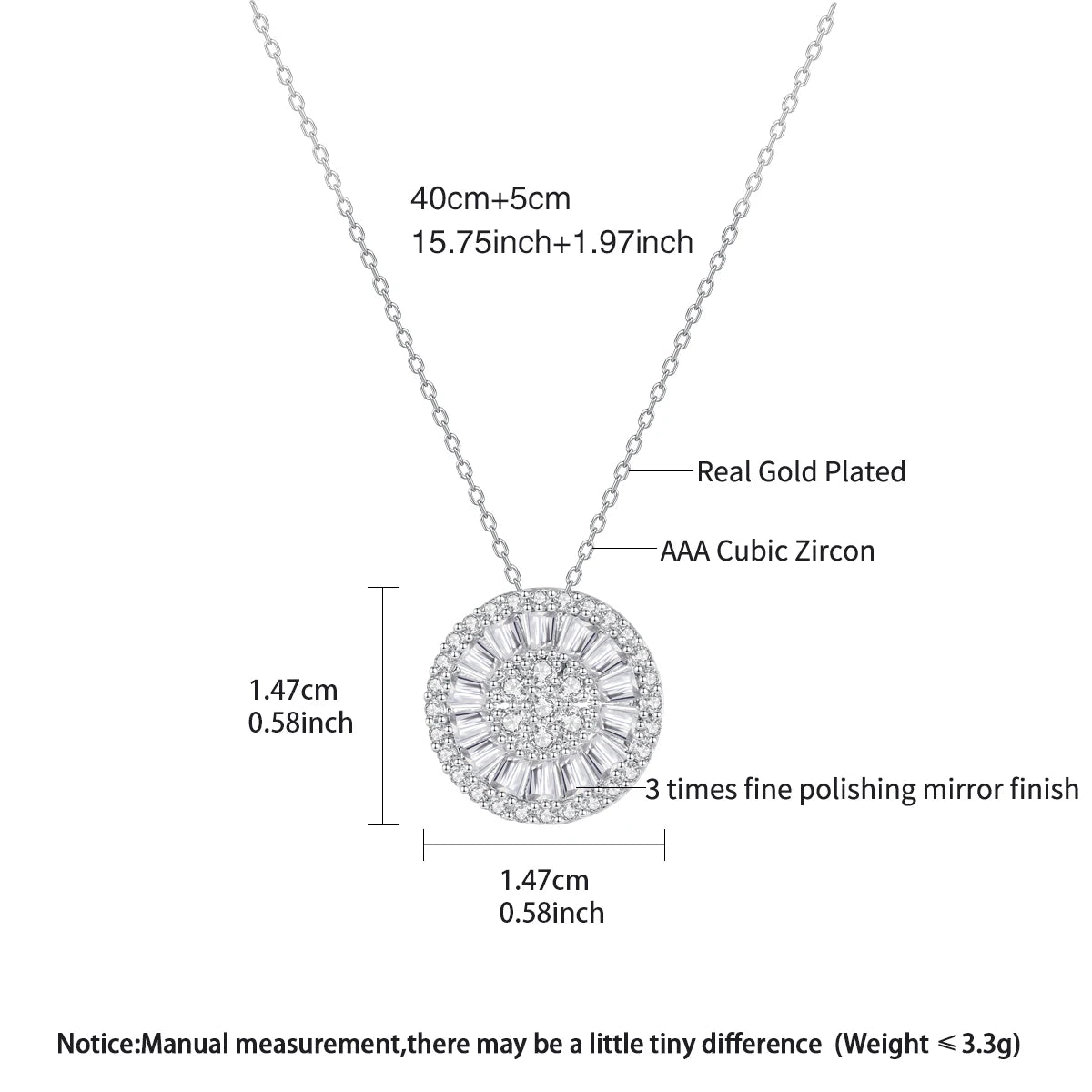 LUOTEEMI Round Disc Fashion Chain Link Jewelry Pendant Necklace Cubic Zirconia Rhodium Plated Necklaces for Women