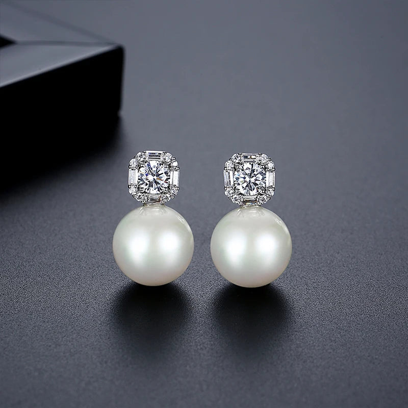 LUOTEEMI Luxury Cubic Zirconia Sugar Girl Lovely Big White Imitation Round Pearl Stud Earrings Rhodium Plated Jewelry