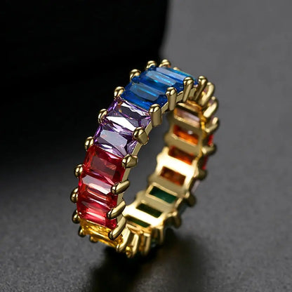 Rainbow Gemstone Eternity Band Ring Zircon Stone Cubic Zirconia CZ Fashion Gold Baguette Diamond Eternity Ring for Women