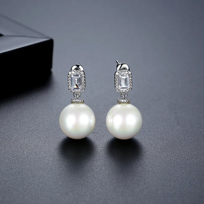 LUOTEEMI Bridal Wedding Luxury Big White Imitation Pearl Zircon Drop Earrings for Women High Quality Jewelry Ear Rings