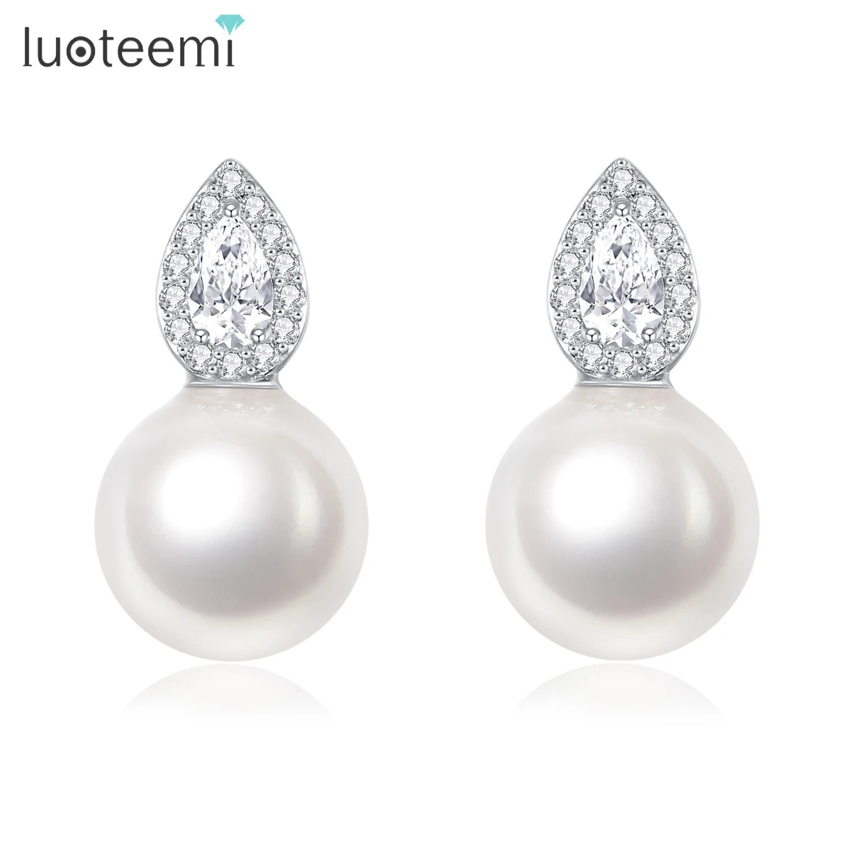 LUOTEEMI Cute Fashion Korean Tear Drop Zircon Stone Round Trendy Imitation Pearl Small Office Lady Jewelry Stud Earrings Trendy