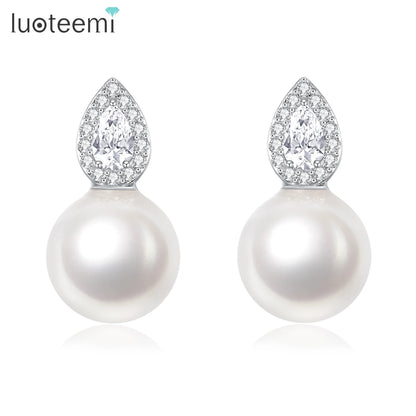 LUOTEEMI Cute Fashion Korean Tear Drop Zircon Stone Round Trendy Imitation Pearl Small Office Lady Jewelry Stud Earrings Trendy