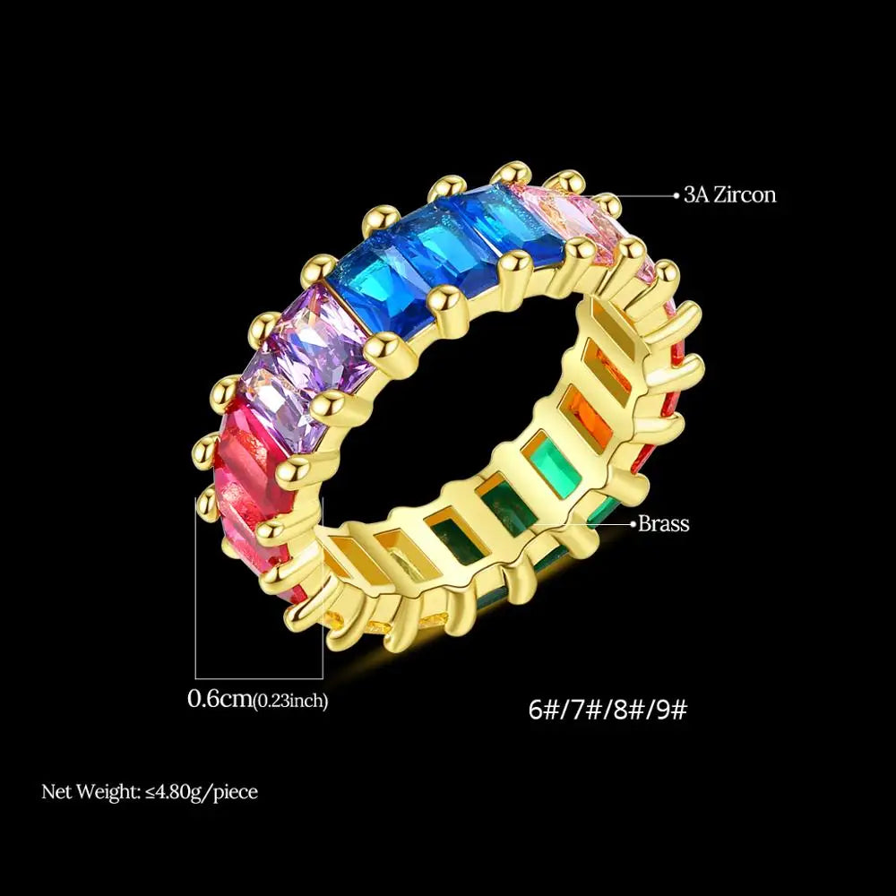 Rainbow Gemstone Eternity Band Ring Zircon Stone Cubic Zirconia CZ Fashion Gold Baguette Diamond Eternity Ring for Women