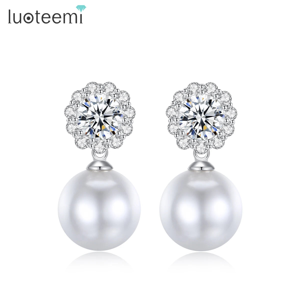 LUOTEEMI Luxury Cubic Zirconia Flower Big White Pearl Bridal Annivery Wedding Drop Earrings for Lady Rhodium Plated CZ Earrings
