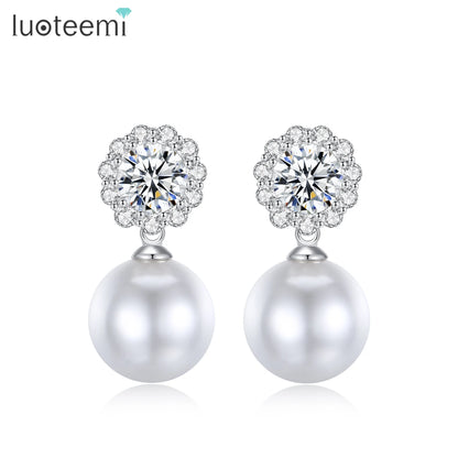 LUOTEEMI Luxury Cubic Zirconia Flower Big White Pearl Bridal Annivery Wedding Drop Earrings for Lady Rhodium Plated CZ Earrings
