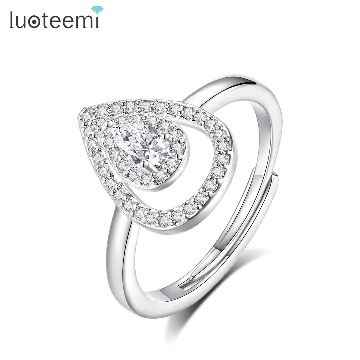 LUOTEEMI Tear Drop Cubic Zirconia Fashion Open Size Jewelry Finger Ring Rhodium Plated Girls Jewelry Ready to Ship