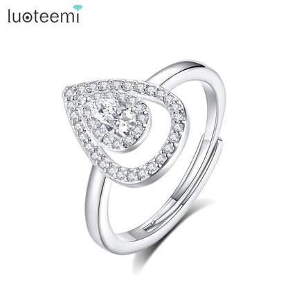 LUOTEEMI Tear Drop Cubic Zirconia Fashion Open Size Jewelry Finger Ring Rhodium Plated Girls Jewelry Ready to Ship