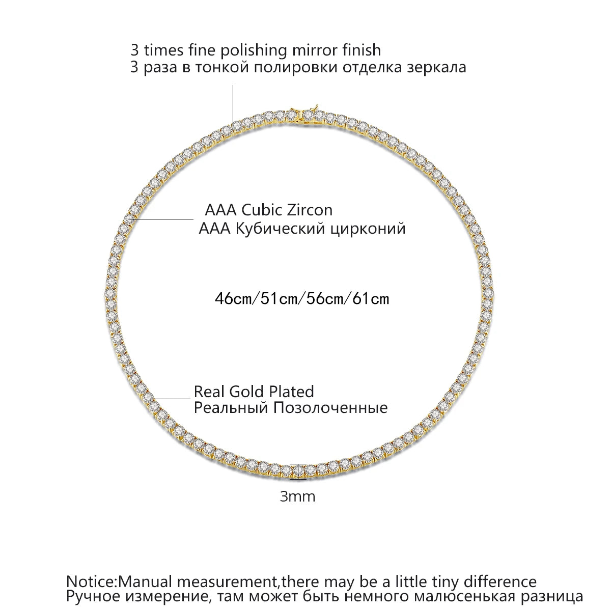 3mm Hiphop Bling Jewelry 18k Gold Iced Out Diamond Copper Zircon Tennis Chain CZ Tennis Necklace