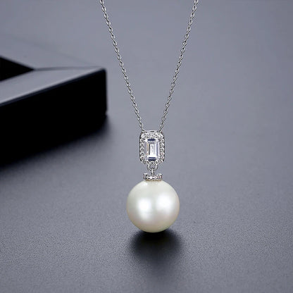 CZCITY Geometric Rectangle Cut Clear Cubic Zirconia White Round Imitation Pearl Jewelry Pendant Link Chain Necklaces for Bridal