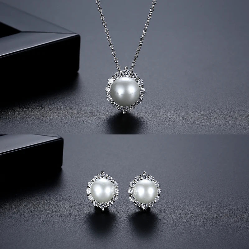 LUOTEEMI Brass Fashion Rhodium Plated High Quality Clear CZ Zircon Stone Imitation Pearl Stud Chain Necklace Jewelrt Sets