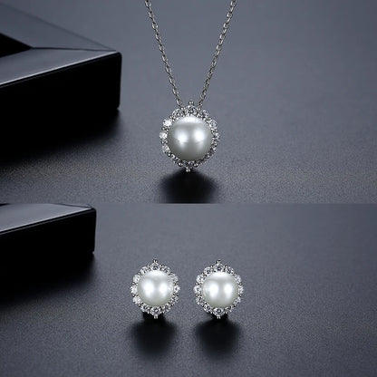 LUOTEEMI Brass Fashion Rhodium Plated High Quality Clear CZ Zircon Stone Imitation Pearl Stud Chain Necklace Jewelrt Sets