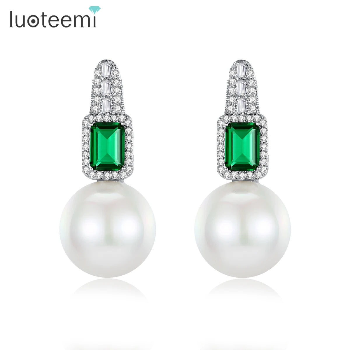 LUOTEEMI Luxury Statement Women Cubic Zirconia Big Glass Imitation Pearl Korean Fashion Zircon Stud Earrings for Party Gifts