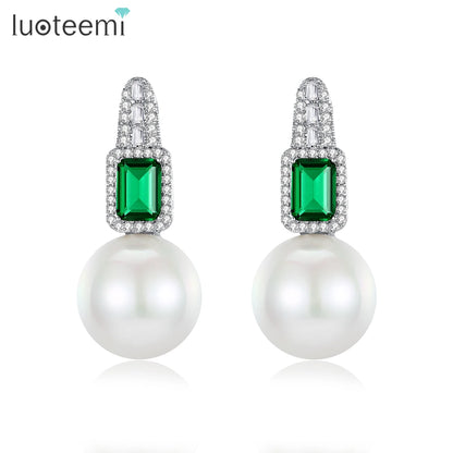 LUOTEEMI Luxury Statement Women Cubic Zirconia Big Glass Imitation Pearl Korean Fashion Zircon Stud Earrings for Party Gifts