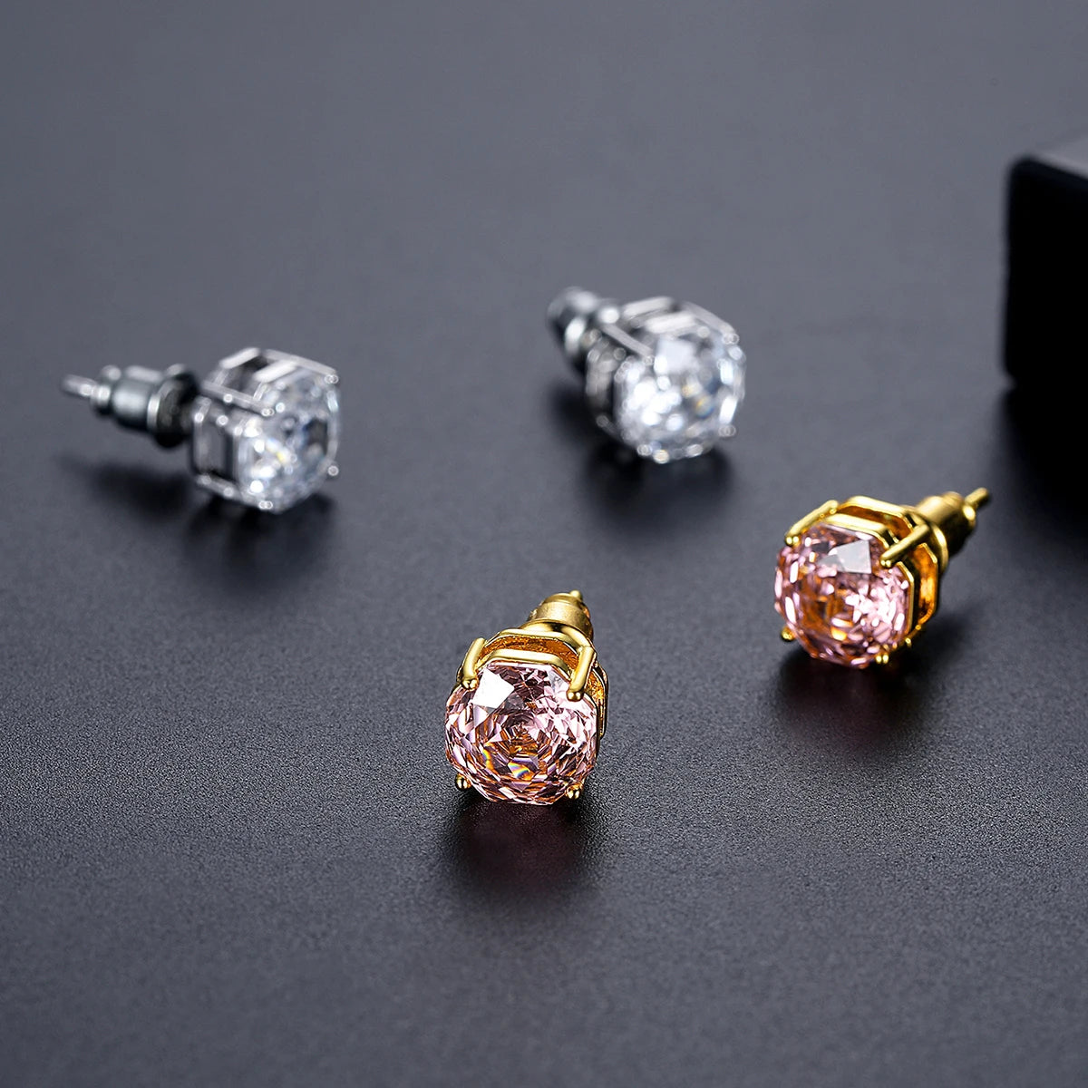CZCITY Millennium Rose Cut Octagonal Zircon Clear and Pink Classic Style Small Stud Earrings for Women New Fashion