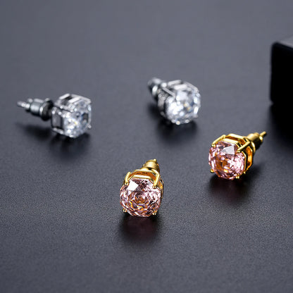 CZCITY Millennium Rose Cut Octagonal Zircon Clear and Pink Classic Style Small Stud Earrings for Women New Fashion