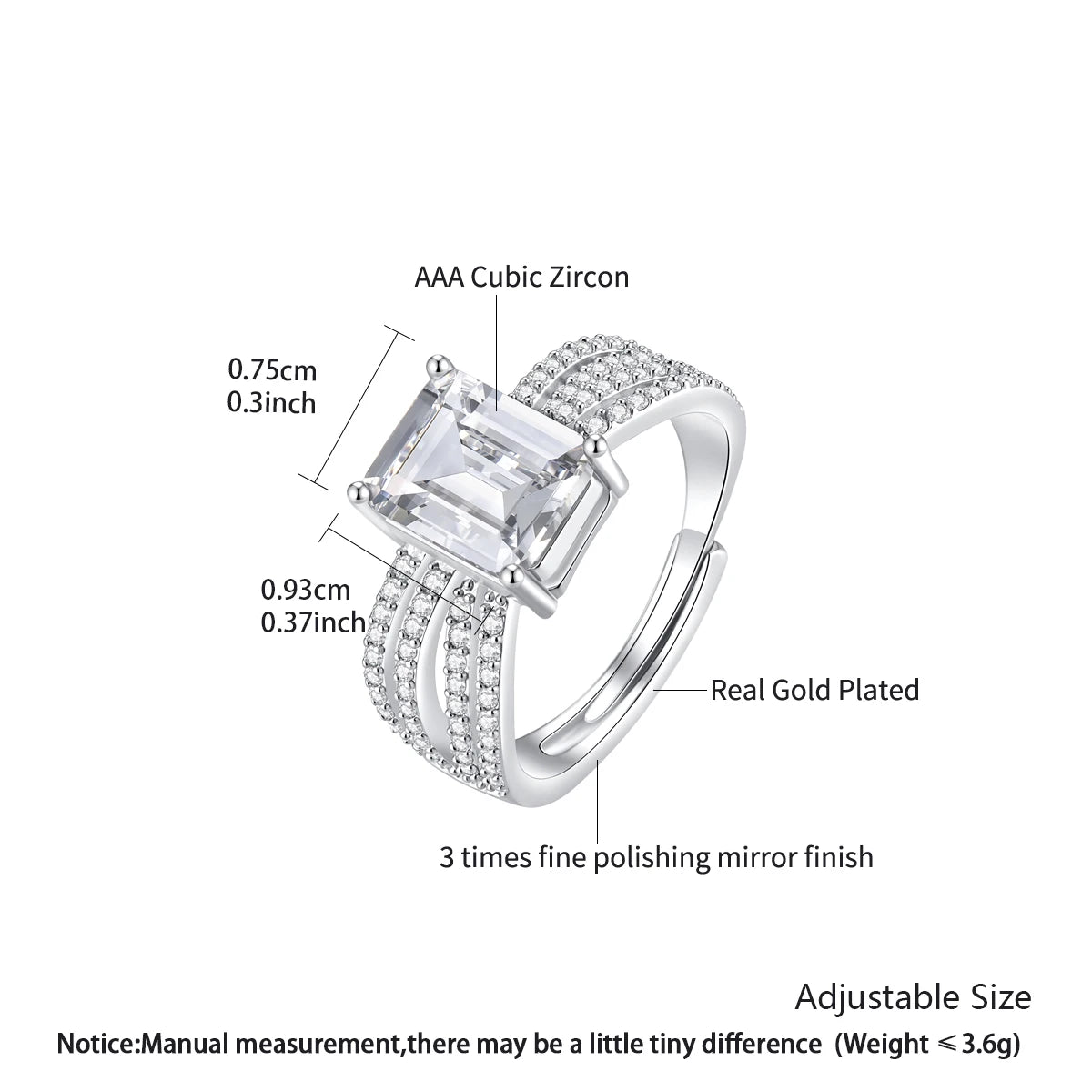 CZCITY Rectangle Big Zircon Stone Women Big Resizable Hand Jewelry Ring Rhodium Plated Brass Romantic Finger Rings