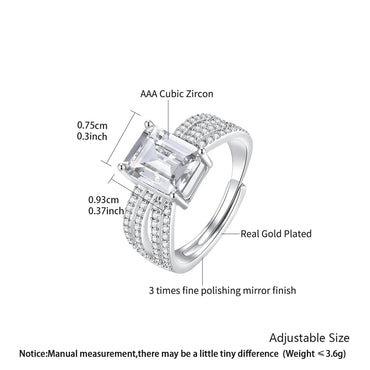 CZCITY Rectangle Big Zircon Stone Women Big Resizable Hand Jewelry Ring Rhodium Plated Brass Romantic Finger Rings
