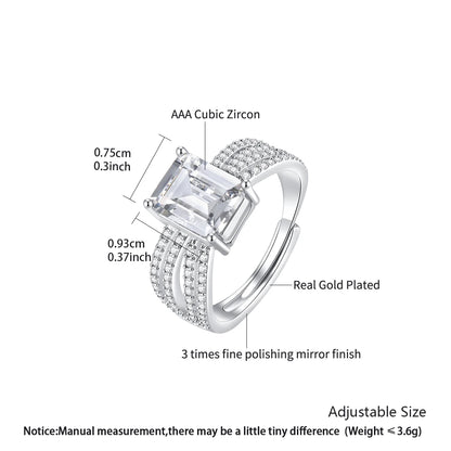 CZCITY Rectangle Big Zircon Stone Women Big Resizable Hand Jewelry Ring Rhodium Plated Brass Romantic Finger Rings