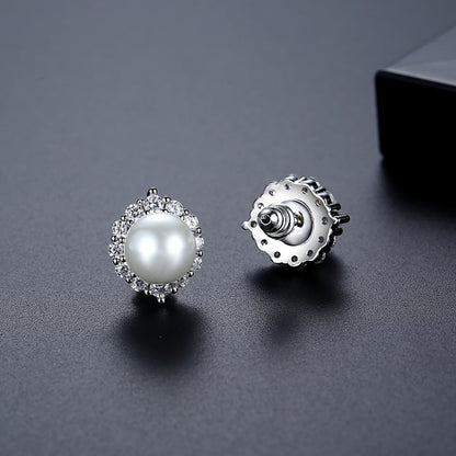LUOTEEMI Delicate Japanese Women Trendy Big White Pearl Clear CZ Party Gifts Stud Earrings Vintage Style Ear Studs for Lady