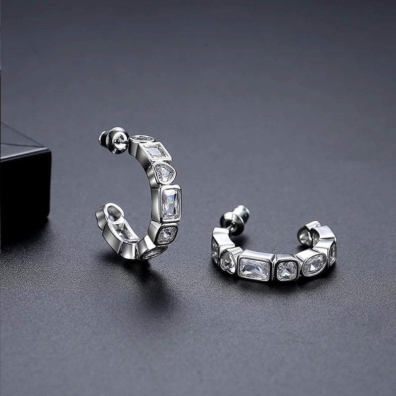 CZCITY Fashion Jewelry Lady Women's Hoop Zircon Korean Cute Geometric Clip On Earing Trendy Hoop Earrings