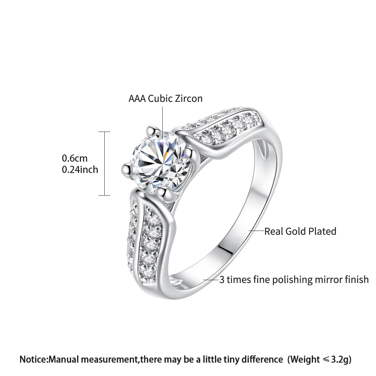 LUOTEEMI European Style 6mm 0.75ct Cubic Zirconia Diamond Engagement Women Girls Finger Ring