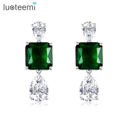 LUOTEEMI Elegant Green Crystal Clear Zircon Geometric Drop Brass Copper Earrings Luxury Party Gifts Big Ear Ring for Women