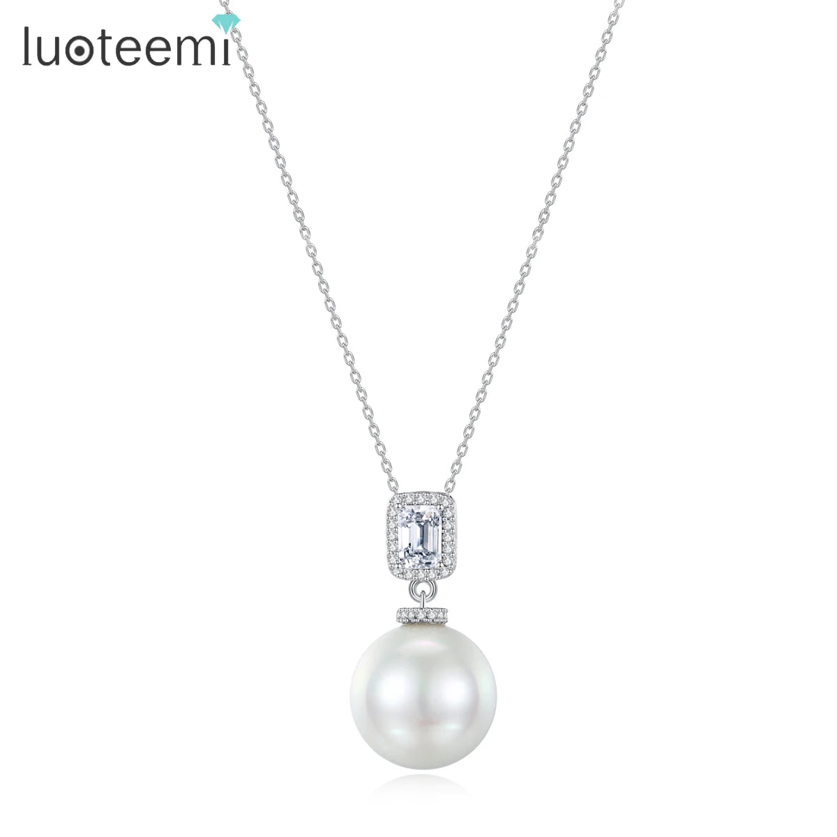 CZCITY Geometric Rectangle Cut Clear Cubic Zirconia White Round Imitation Pearl Jewelry Pendant Link Chain Necklaces for Bridal