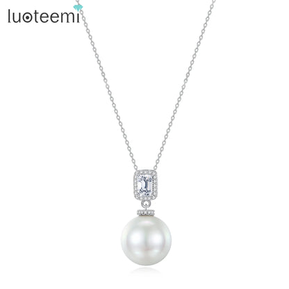 CZCITY Geometric Rectangle Cut Clear Cubic Zirconia White Round Imitation Pearl Jewelry Pendant Link Chain Necklaces for Bridal