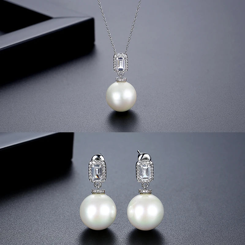LUOTEEMI Luxury Cubic Zirconia Imittaion Pearl Drop Earrings and Necklace Pendant Chain Necklaces Sets for Women Ready to Ship