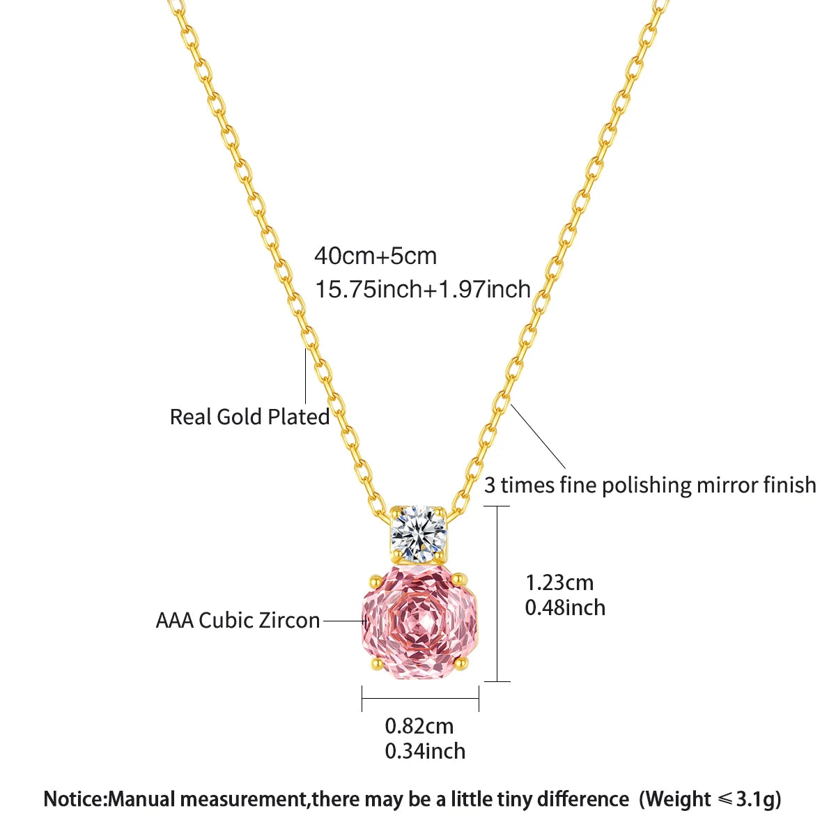 CZCITY Korean Design Millennium Rose Cut Octagonal Zircon Clear and Pink Classic Girls Trendy Link Chain Pendants Necklaces